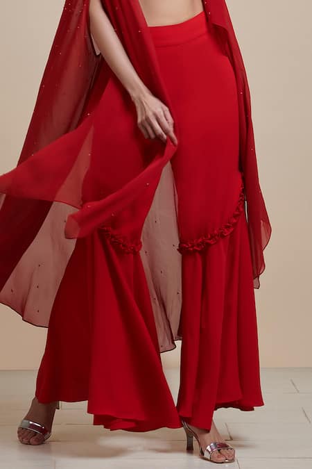 Buy Parul | Vivek Red Georgette And Italian Crepe Sweetheart Neck Embellished Cape & Pant Set Online at Aza Fashions Buy_Parul | Vivek_Red Georgette And Italian Crepe Sweetheart Neck Embellished Cape & Pant Set _Online_at_Aza_Fashions