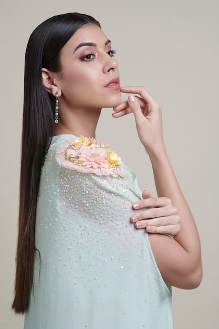 Parul | Vivek_Blue Georgette And Moss Crepe Embellished Cape & Pant Set _Online_at_Aza_Fashions