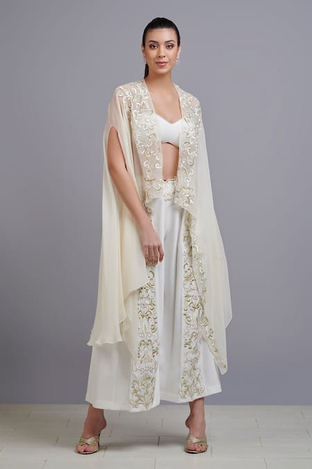 Parul | Vivek Off White Georgette And Moss Crepe Sweetheart Neck Embellished Cape & Pant Set 
