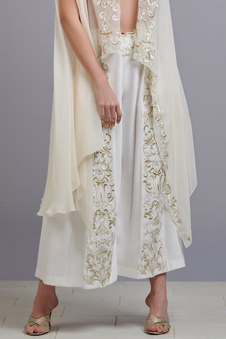 Buy_Parul | Vivek_Off White Georgette And Moss Crepe Sweetheart Neck Embellished Cape & Pant Set _Online_at_Aza_Fashions