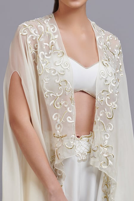 Shop_Parul | Vivek_Off White Georgette And Moss Crepe Sweetheart Neck Embellished Cape & Pant Set _Online_at_Aza_Fashions