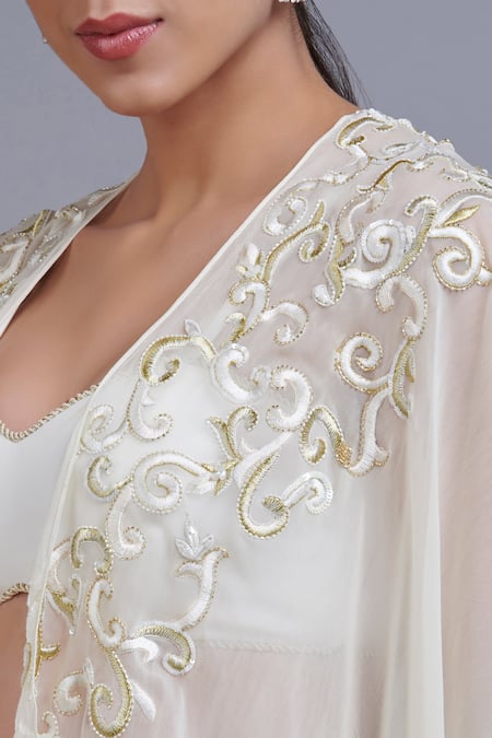 Parul | Vivek_Off White Georgette And Moss Crepe Sweetheart Neck Embellished Cape & Pant Set _at_Aza_Fashions