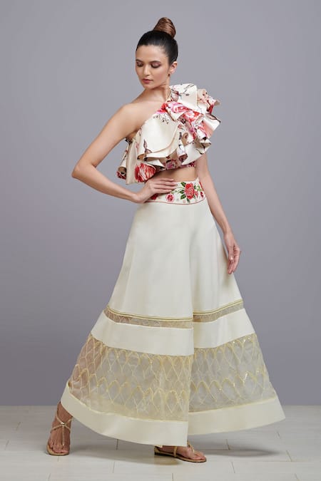 Parul | Vivek Yellow Dutchess Satin, Moss Crepe And Organza Floral Print Top & Pant Set 