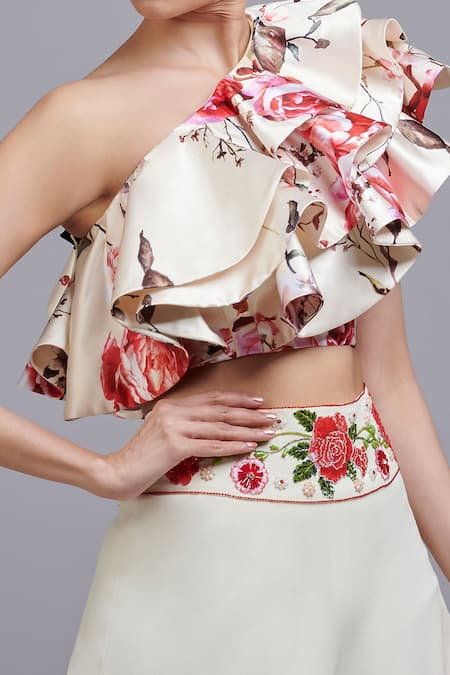 Shop_Parul | Vivek_Yellow Dutchess Satin, Moss Crepe And Organza Floral Print Top & Pant Set _Online_at_Aza_Fashions