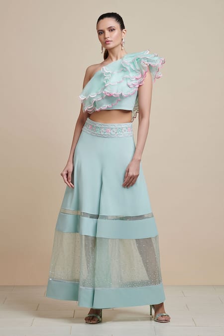 Parul | Vivek Blue Silk , Moss Crepe And Asymmetric Ruffled Top & Pant Set 