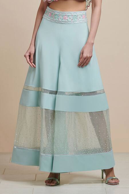 Buy_Parul | Vivek_Blue Silk , Moss Crepe And Asymmetric Ruffled Top & Pant Set _Online_at_Aza_Fashions