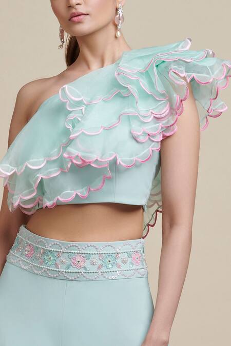 Shop_Parul | Vivek_Blue Silk , Moss Crepe And Asymmetric Ruffled Top & Pant Set _Online_at_Aza_Fashions