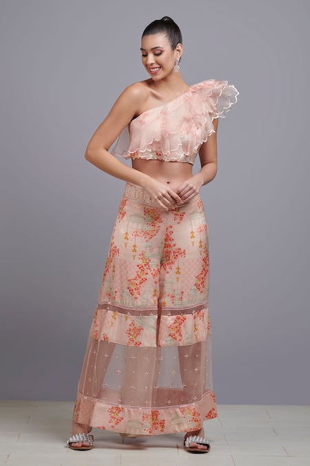 Parul | Vivek Pink Crepe And Silk Organza Asymmetric Printed Top & Pant Set 