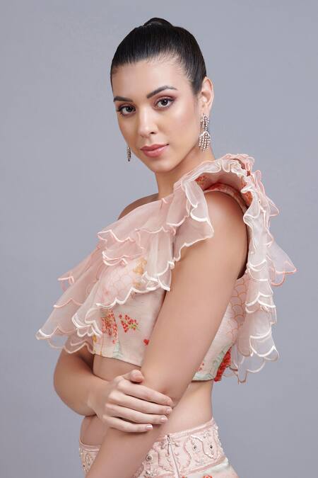 Parul | Vivek_Pink Crepe And Silk Organza Asymmetric Printed Top & Pant Set _Online_at_Aza_Fashions