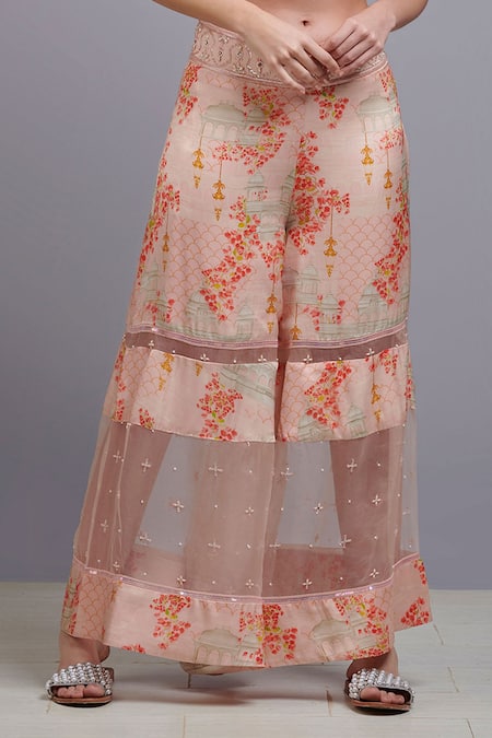 Buy_Parul | Vivek_Pink Crepe And Silk Organza Asymmetric Printed Top & Pant Set _Online_at_Aza_Fashions