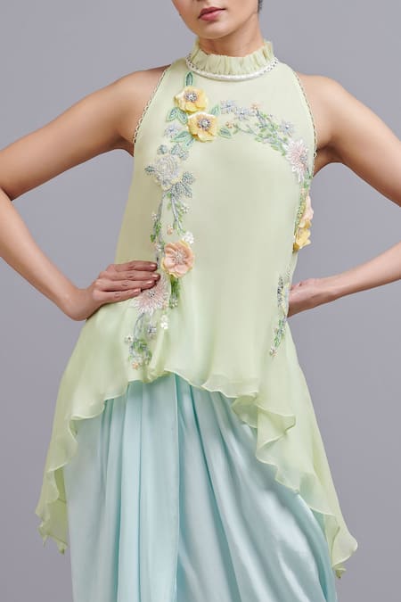 Shop Parul | Vivek Blue Crepe Halter Floral Embellished Top And Skirt Set at Aza Fashions Shop_Parul | Vivek_Blue Crepe Halter Floral Embellished Top And Skirt Set _at_Aza_Fashions