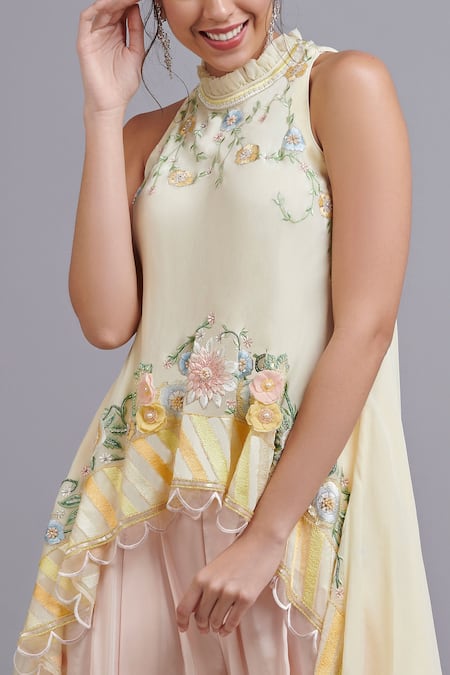 Parul | Vivek_Yellow Crepe Halter Floral Embroidered Tunic And Dhoti Pant Set _Online_at_Aza_Fashions