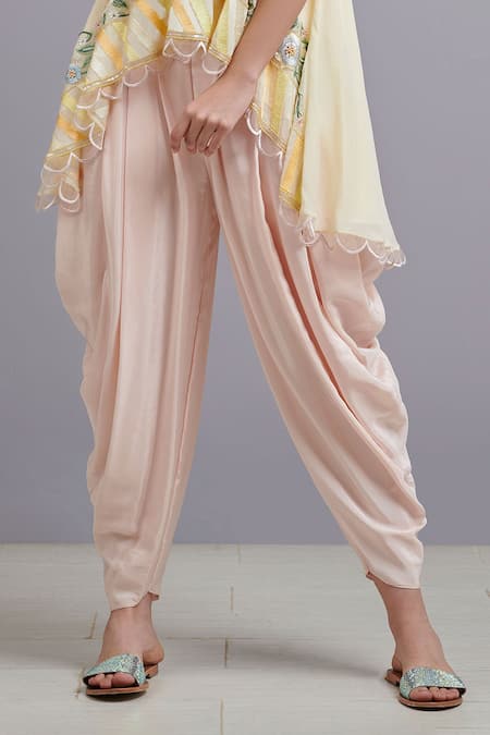 Buy_Parul | Vivek_Yellow Crepe Halter Floral Embroidered Tunic And Dhoti Pant Set _Online_at_Aza_Fashions