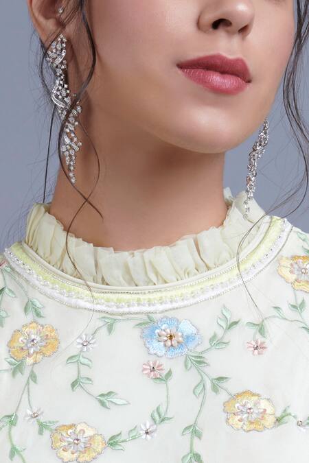 Shop_Parul | Vivek_Yellow Crepe Halter Floral Embroidered Tunic And Dhoti Pant Set _Online_at_Aza_Fashions