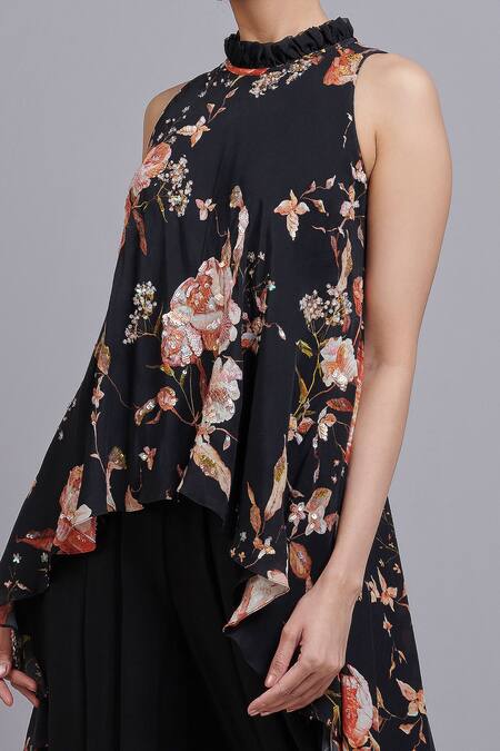 Parul | Vivek_Black Crepe Halter Floral Print Tunic And Dhoti Pant Set _Online_at_Aza_Fashions