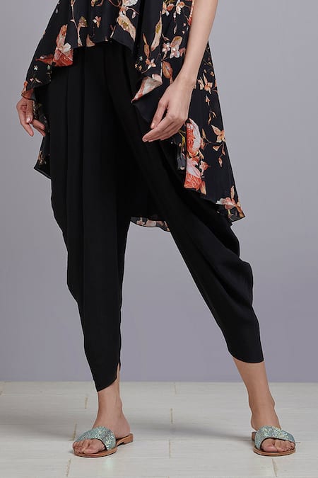 Buy_Parul | Vivek_Black Crepe Halter Floral Print Tunic And Dhoti Pant Set _Online_at_Aza_Fashions