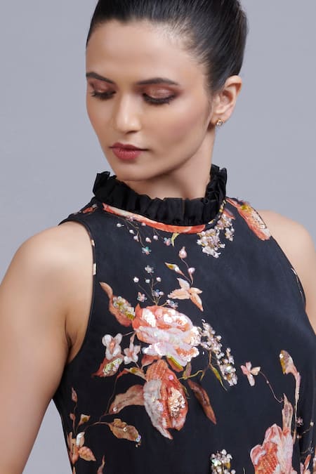 Shop_Parul | Vivek_Black Crepe Halter Floral Print Tunic And Dhoti Pant Set _Online_at_Aza_Fashions