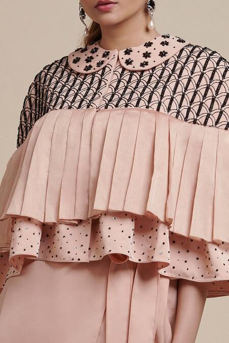 Parul | Vivek_Beige Italian Crepe And Organza Peter Pan Collar Draped Jumpsuit With Cape _Online_at_Aza_Fashions