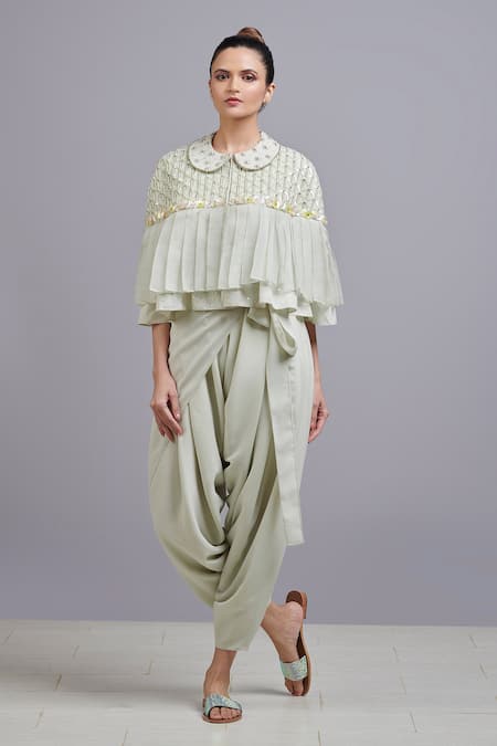 Parul | Vivek Green Moss Crepe And Organza Peter Pan Collar Draped Jumpsuit With Cape 