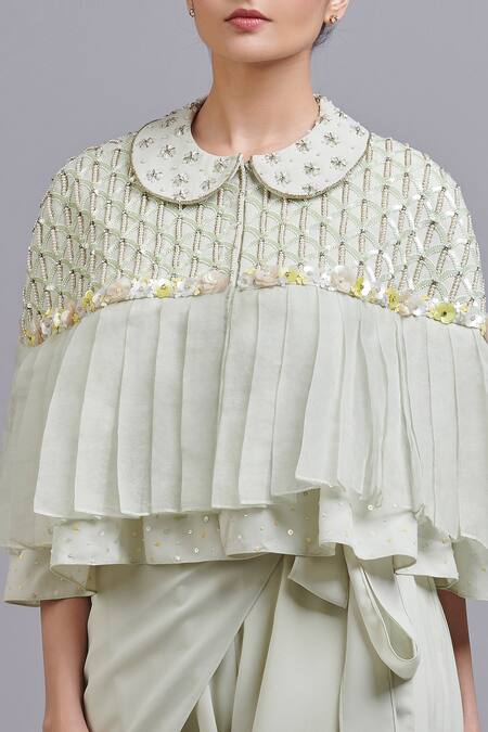 Parul | Vivek_Green Moss Crepe And Organza Peter Pan Collar Draped Jumpsuit With Cape _Online_at_Aza_Fashions