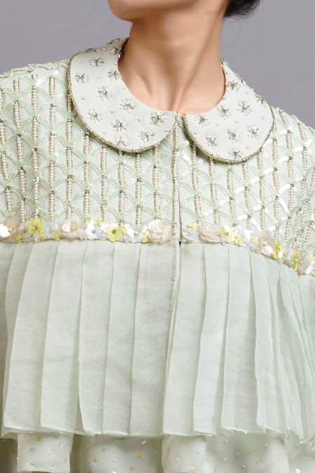 Buy_Parul | Vivek_Green Moss Crepe And Organza Peter Pan Collar Draped Jumpsuit With Cape _Online_at_Aza_Fashions