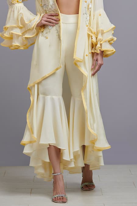 Buy_Parul | Vivek_Yellow Moss Crepe Embellished Jacket And Pant Set _Online_at_Aza_Fashions