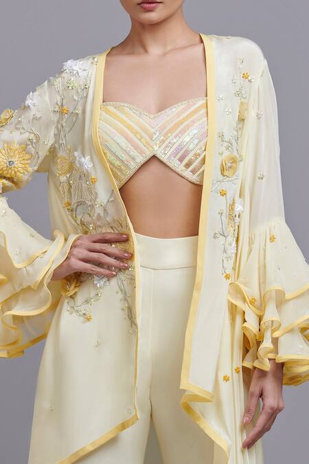 Shop_Parul | Vivek_Yellow Moss Crepe Embellished Jacket And Pant Set _Online_at_Aza_Fashions