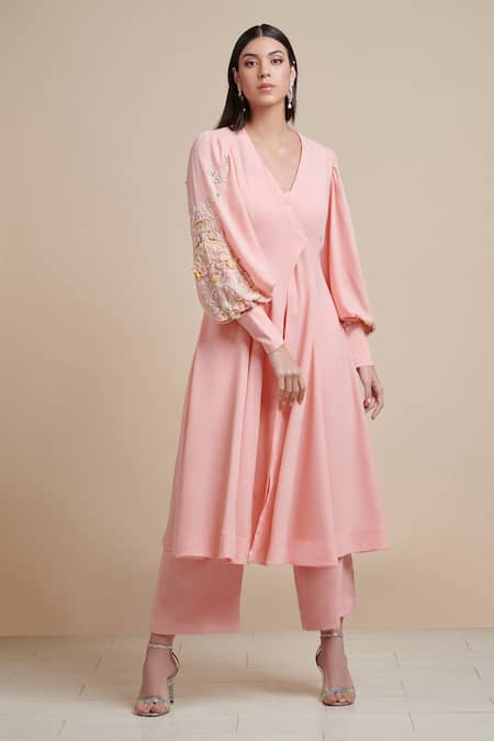 Parul | Vivek Pink Moss Crepe V Neck Embellished Cape And Jumpsuit Set 