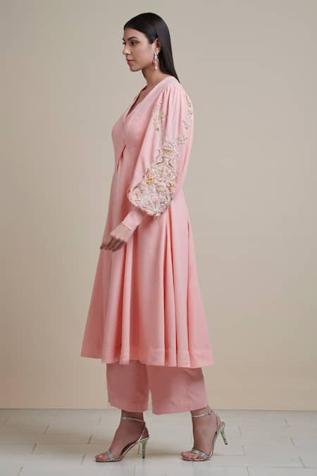 Parul | Vivek_Pink Moss Crepe V Neck Embellished Cape And Jumpsuit Set _Online_at_Aza_Fashions
