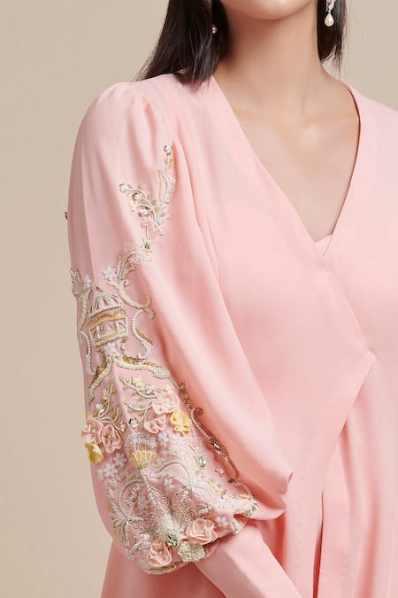 Buy_Parul | Vivek_Pink Moss Crepe V Neck Embellished Cape And Jumpsuit Set _Online_at_Aza_Fashions