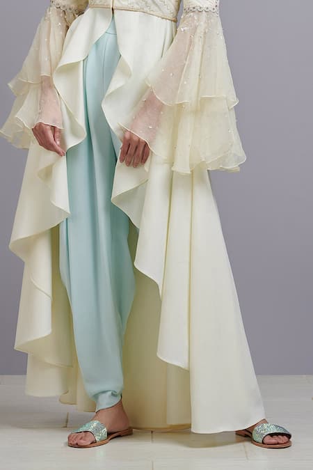 Parul | Vivek_Blue Moss Crepe And Organza One Shoulder Embellished Tunic & Dhoti Pant Set _Online_at_Aza_Fashions