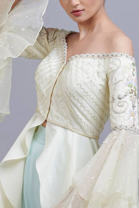 Buy_Parul | Vivek_Blue Moss Crepe And Organza One Shoulder Embellished Tunic & Dhoti Pant Set _Online_at_Aza_Fashions