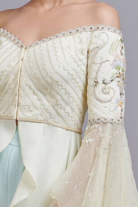 Shop_Parul | Vivek_Blue Moss Crepe And Organza One Shoulder Embellished Tunic & Dhoti Pant Set _Online_at_Aza_Fashions