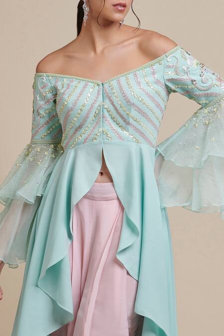 Parul | Vivek_Blue Moss Crepe And Organza One Shoulder Embellished Tunic & Dhoti Pant Set _Online_at_Aza_Fashions