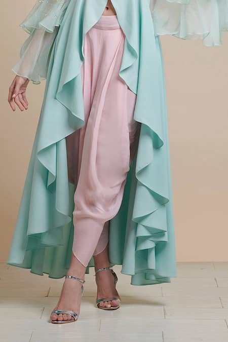 Buy_Parul | Vivek_Blue Moss Crepe And Organza One Shoulder Embellished Tunic & Dhoti Pant Set _Online_at_Aza_Fashions