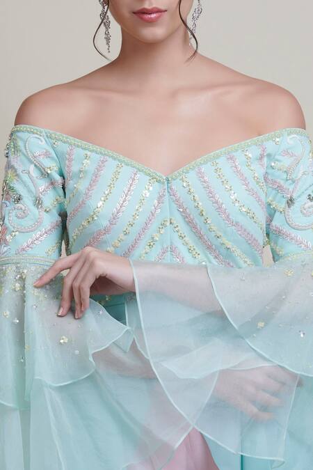 Shop_Parul | Vivek_Blue Moss Crepe And Organza One Shoulder Embellished Tunic & Dhoti Pant Set _Online_at_Aza_Fashions