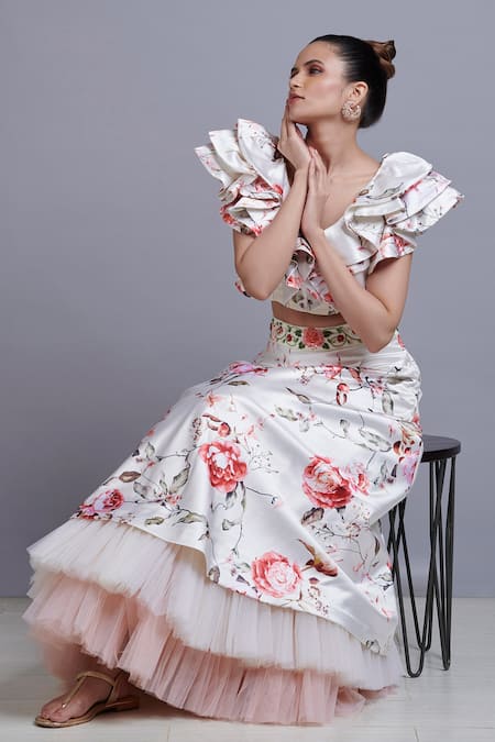 Parul | Vivek Floral Print Crop Top & Skirt Set 