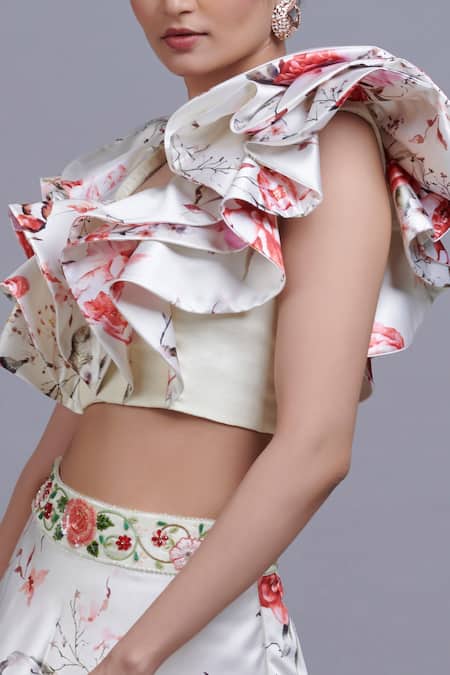 Parul | Vivek_Off White Dutchess Satin And Tulle V Neck Floral Print Crop Top & Skirt Set _Online_at_Aza_Fashions
