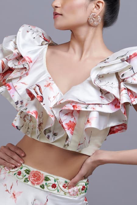 Buy_Parul | Vivek_Off White Dutchess Satin And Tulle V Neck Floral Print Crop Top & Skirt Set _Online_at_Aza_Fashions