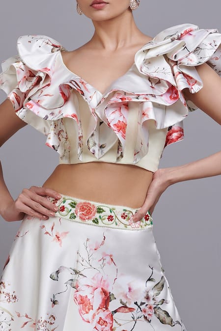 Parul | Vivek_Off White Dutchess Satin And Tulle V Neck Floral Print Crop Top & Skirt Set _at_Aza_Fashions