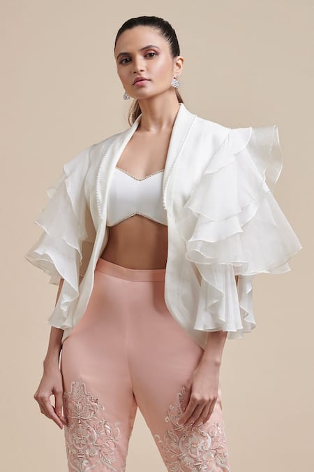 Parul | Vivek_White Volvo And Moss Crepe Lapel Collar Ruffled Jacket & Pant Set _Online_at_Aza_Fashions