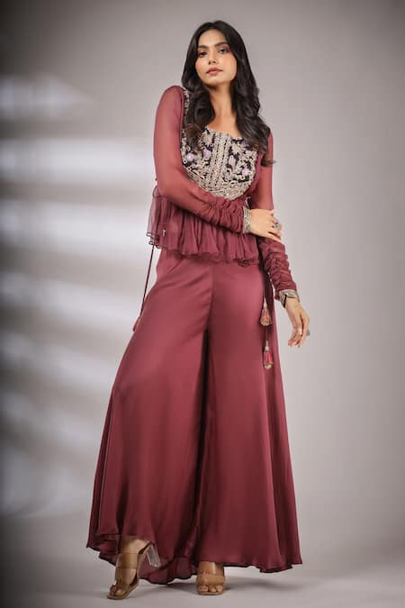 Pallavi Jaipur_Wine Pant Satin Blend, Top Lining Shantoon, Embroidered Peplum And Flared Set _Online_at_Aza_Fashions
