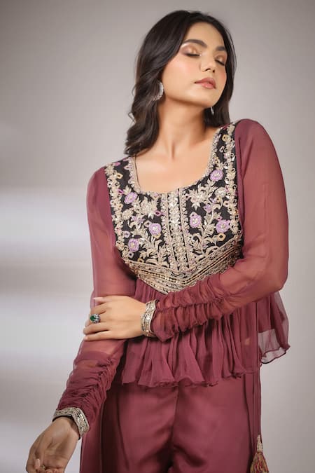 Shop_Pallavi Jaipur_Wine Pant Satin Blend, Top Lining Shantoon, Embroidered Peplum And Flared Set _Online_at_Aza_Fashions