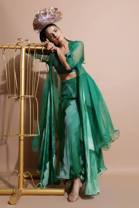 Pallavi Jaipur Green Organza, Chanderi, Chiffon, Shantoon, Mulmul Cape Open, Crop And Pant Set Online at Aza Fashions Pallavi Jaipur_Green Organza, Chanderi, Chiffon, Shantoon, Mulmul Cape Open, Crop And Pant Set_Online_at_Aza_Fashions