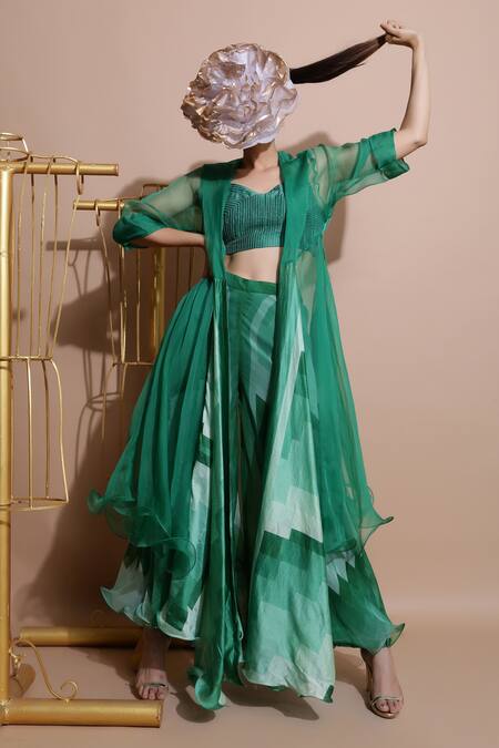 Buy Pallavi Jaipur Green Organza, Chanderi, Chiffon, Shantoon, Mulmul Cape Open, Crop And Pant Set Online at Aza Fashions Buy_Pallavi Jaipur_Green Organza, Chanderi, Chiffon, Shantoon, Mulmul Cape Open, Crop And Pant Set_Online_at_Aza_Fashions