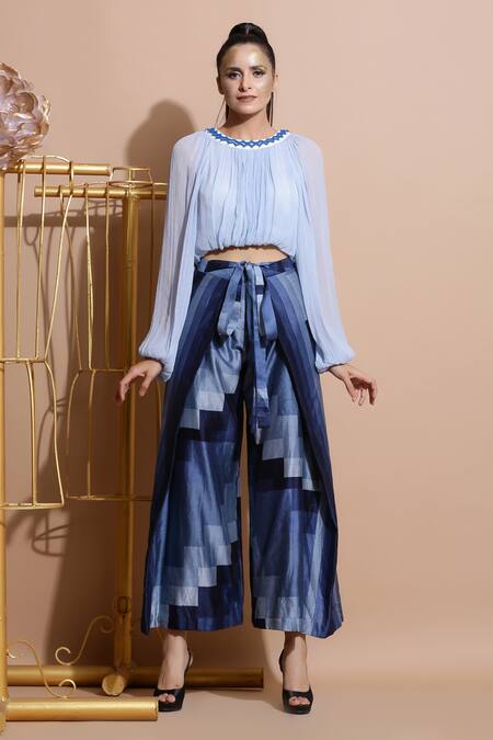 Pallavi Jaipur_Blue Chanderi, Wrinkle Crepe Round Embroidered Balloon Top With Palazzo_Online_at_Aza_Fashions