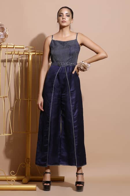 Pallavi Jaipur Blue Linen Satin Square Neck Kantha Embroidered Jumpsuit 