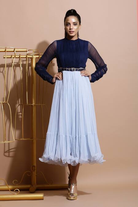 Shop Pallavi Jaipur Blue Chiffon Tiered Midi Skirt at Aza Fashions Shop_Pallavi Jaipur_Blue Chiffon Tiered Midi Skirt _at_Aza_Fashions
