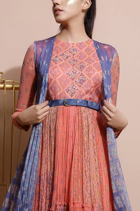 Pallavi Jaipur_Pink Chiffon Dress Round Neck Printed Midi With Cape _at_Aza_Fashions