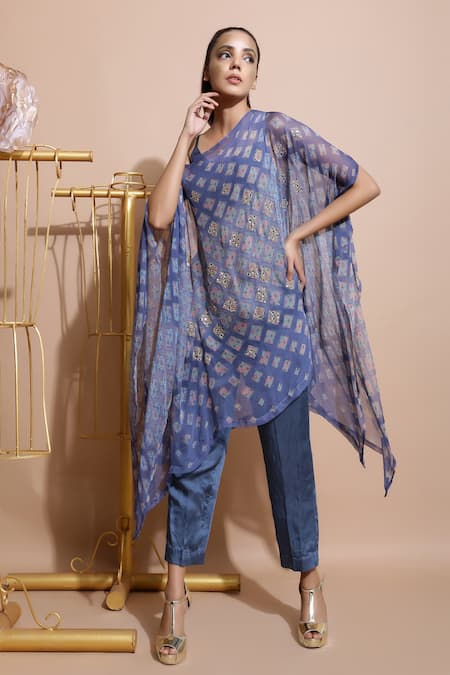 Pallavi Jaipur Blue Top Chiffon Pant And Inner Linen Satin Cape Boat Inner With Straight 